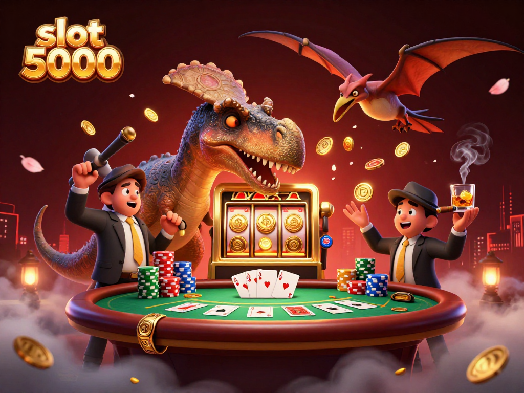 Experience thrilling wins with slot 5000 as a pachycephalosaurus hits a golden slot machine.