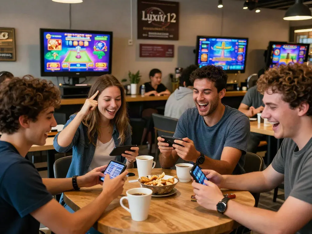Engaging online gaming scene with players enjoying luxury12 slot games at a cozy café, showcasing vibrant atmosphere and excitement.