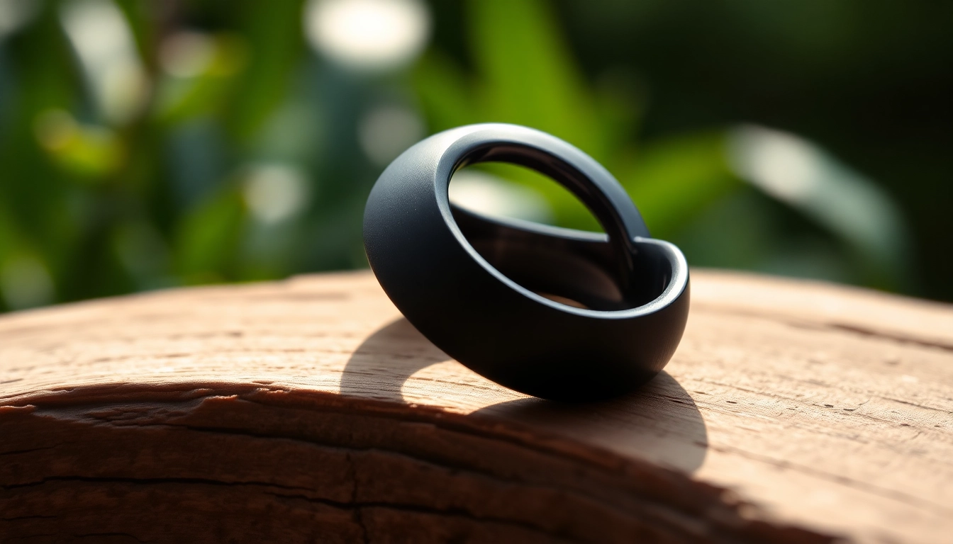 Admire Black Zirconium Rings featuring a sleek, matte finish on a textured wooden surface.
