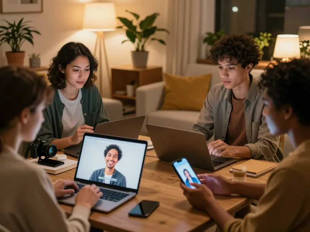 Sex chat AI conversation scene with diverse users interacting on laptops and smartphones, showcasing intimacy.