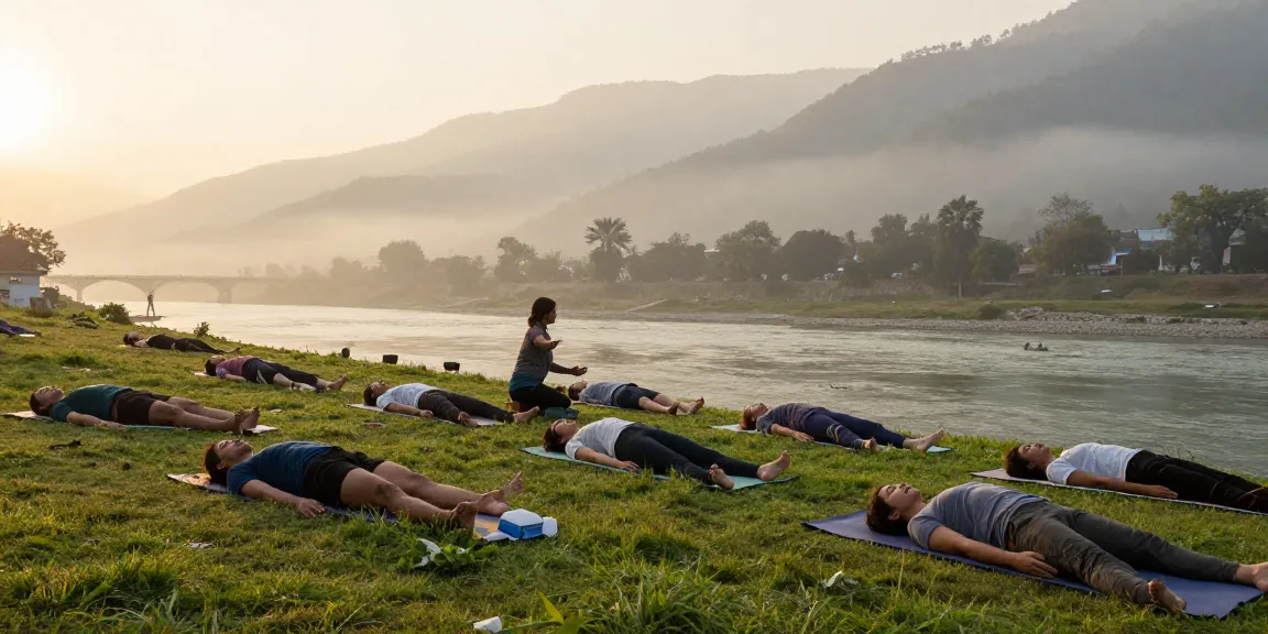 Best yoga teacher training in Rishikesh India, outdoor yoga class at sunrise near the Ganges River with students practicing asanas surrounded by mountains