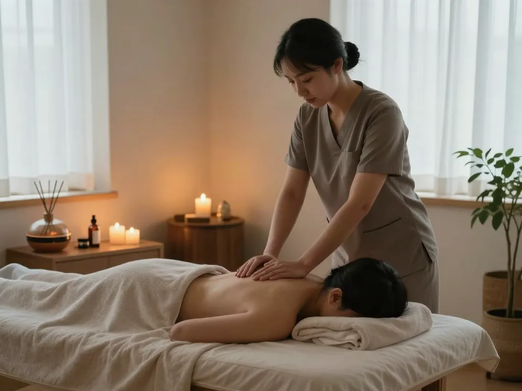 Comforting 경기광주출장마사지 session in a tranquil therapy room with a relaxed client and soothing ambiance.
