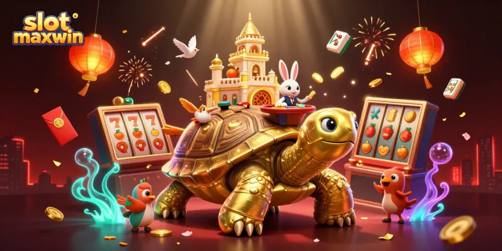 Experience the thrill of slot maxwin with a captivating casino scene featuring a golden tortoise and a rabbit dealer.