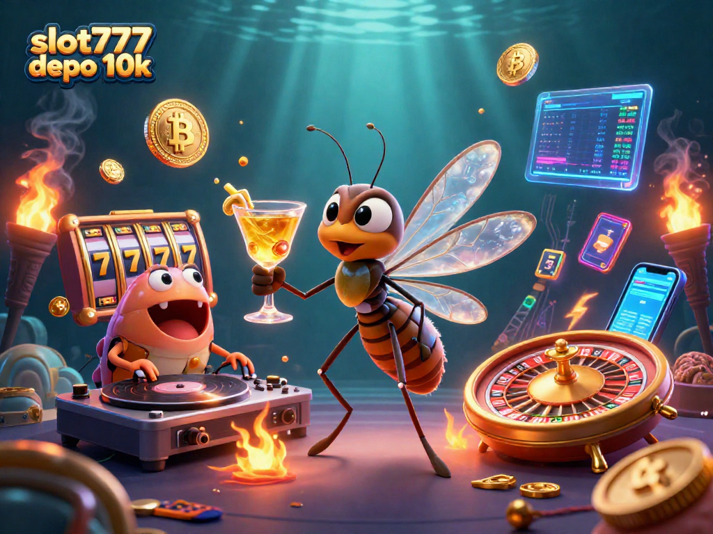 Win big at slot777 depo 10k with a vibrant 3D illustration showcasing exciting gaming action and dynamic elements.