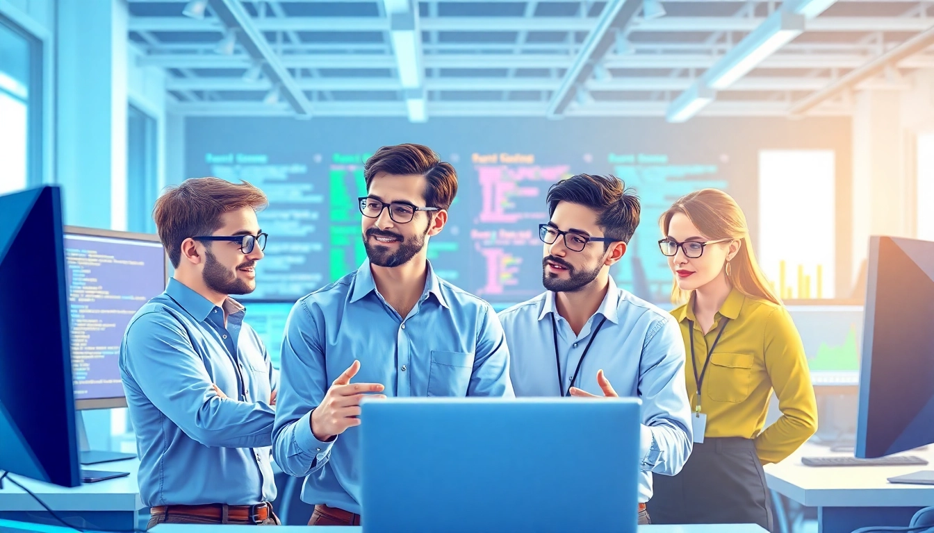 Engaged team discussing a test automation tool in a vibrant tech office.