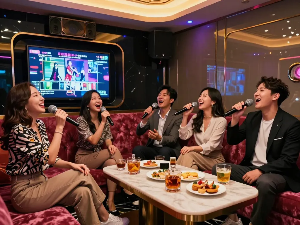 Friends enjoying karaoke at a premium bar in Gangnamtune.com, surrounded by vibrant lights and drinks.