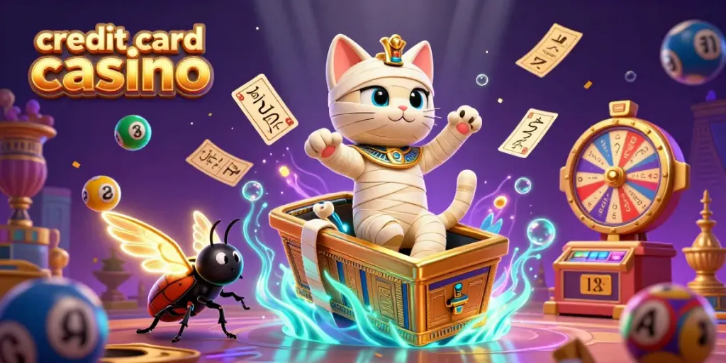 Engage in thrilling action at a credit card casino with an Egyptian mummy cat bursting from a sarcophagus amidst colorful gaming elements.