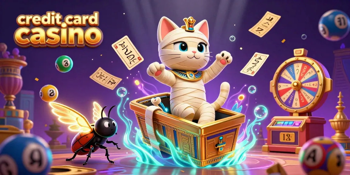 Engage in thrilling action at a credit card casino with an Egyptian mummy cat bursting from a sarcophagus amidst colorful gaming elements.