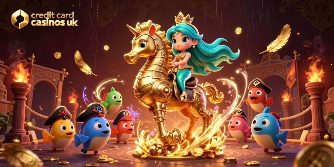 Engage with leading credit card casinos UK as a mermaid princess rides a seahorse among vibrant casino elements.