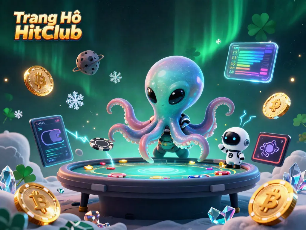 Engage with Trang Chủ HitClub through a cosmic 3D illustration of an alien octopus at a poker table surrounded by crypto elements.