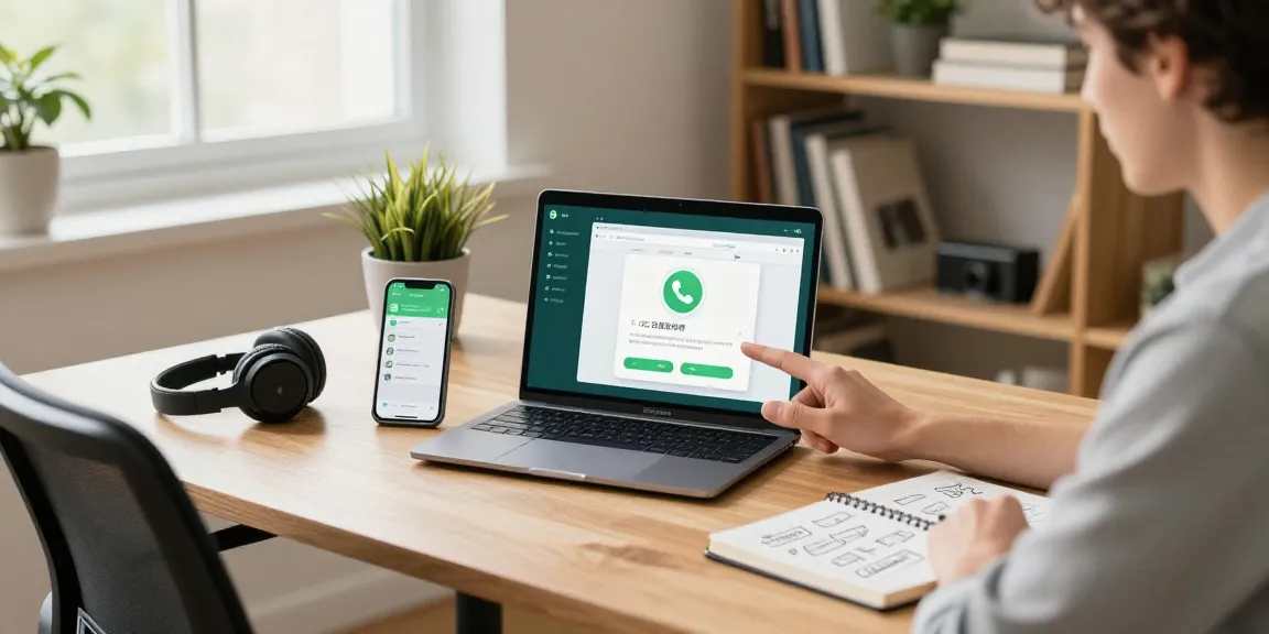 Person using WhatsApp網頁版 in a cozy home office with tech gadgets.