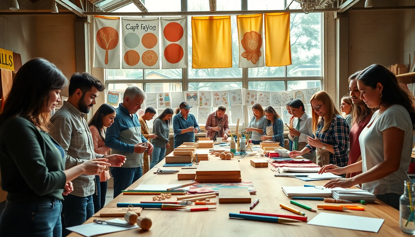 Engaging craft training programs in a colorful workshop environment with diverse participants.
