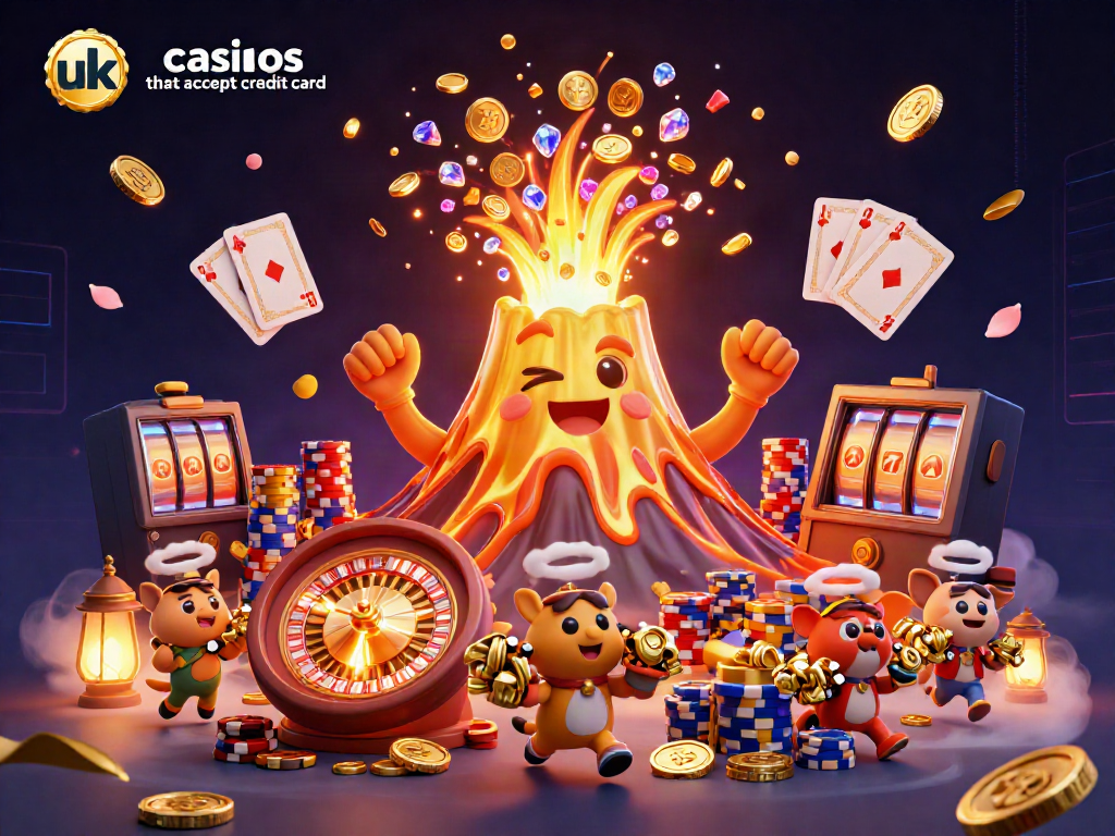 Dynamic scene of uk casinos that accept credit card with a triumphant volcano and treasure-fleeing animals amidst casino elements.