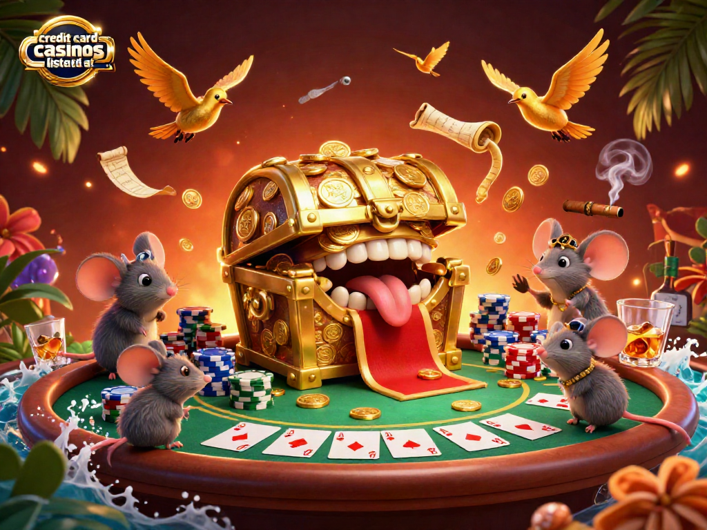 Engaging illustration of credit card casinos listed at https: showcasing vibrant cartoon characters and casino elements.