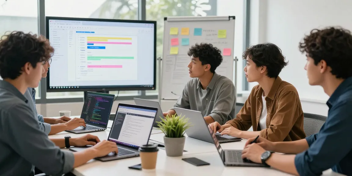 A collaboration among developers showcasing openclaw ai project management and coding on laptops in a bright tech workspace.