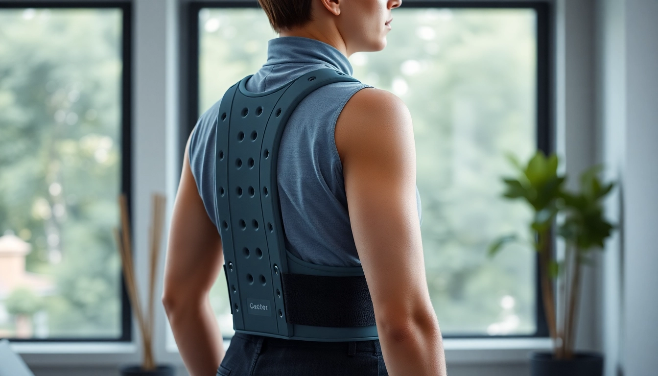 Showcasing a posture brace on a model, emphasizing correct spinal alignment in a modern office.