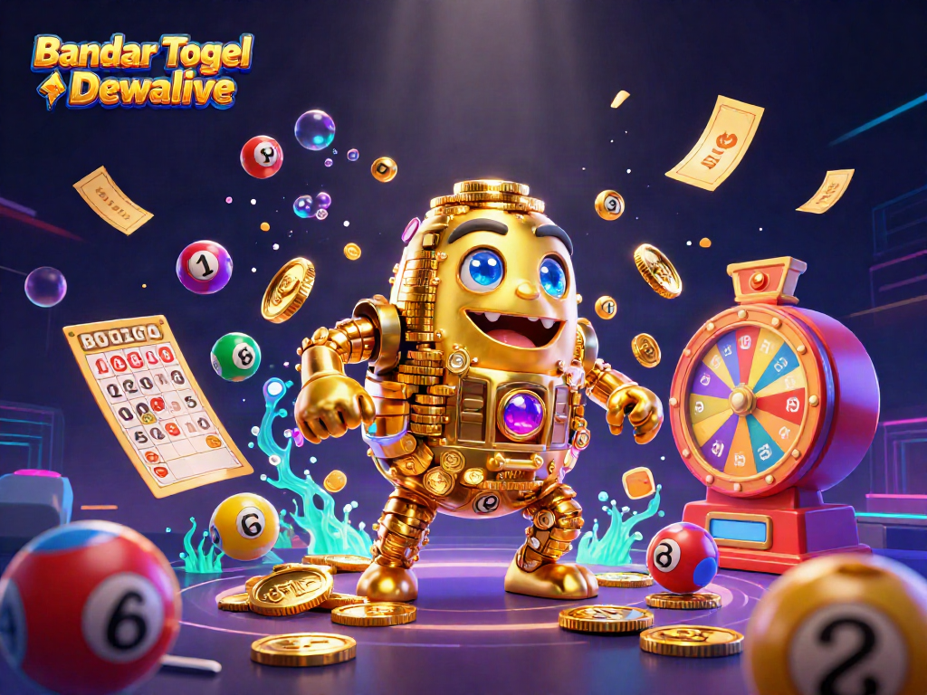 Engage with Bandar Togel Dewalive's dynamic gaming experience featuring colorful lottery elements and a golden golem mascot.
