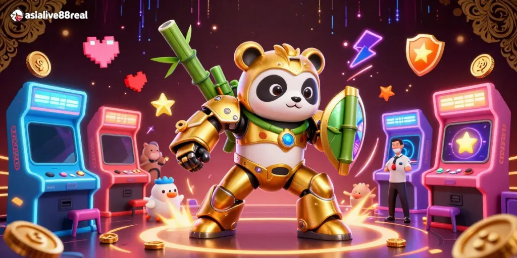 Experience thrilling games at asialive88real with a golden panda in a mech suit and vibrant casino elements.