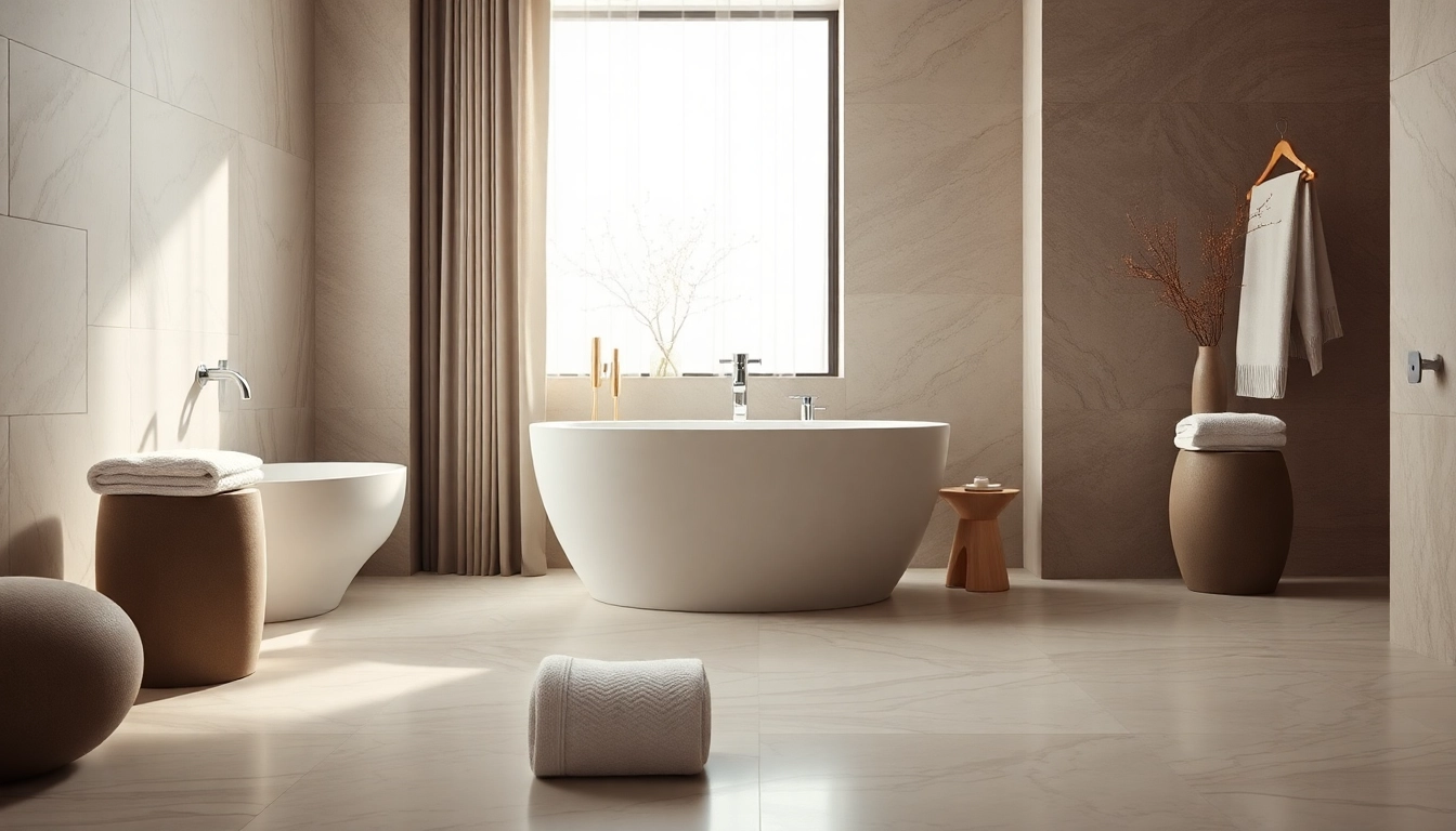 Vasca da bagno moderna in un elegante bagno minimalista con luce naturale.