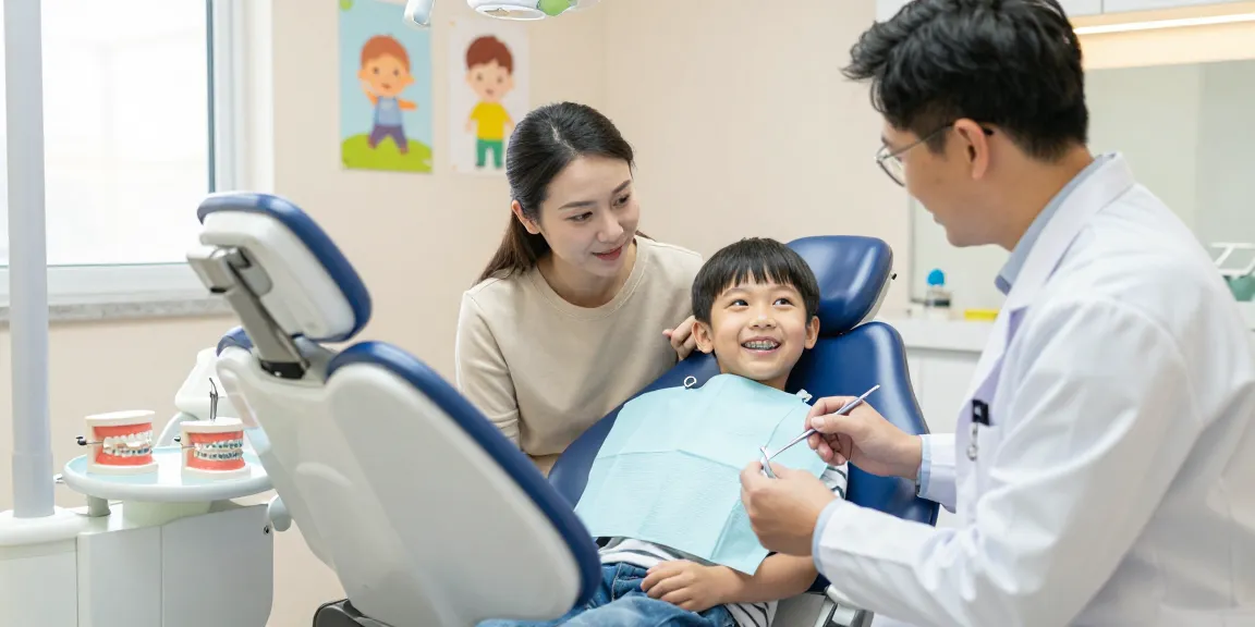Youthful child smiling with white braces in a friendly orthodontic clinic, promoting confidence during early orthodontic treatment.