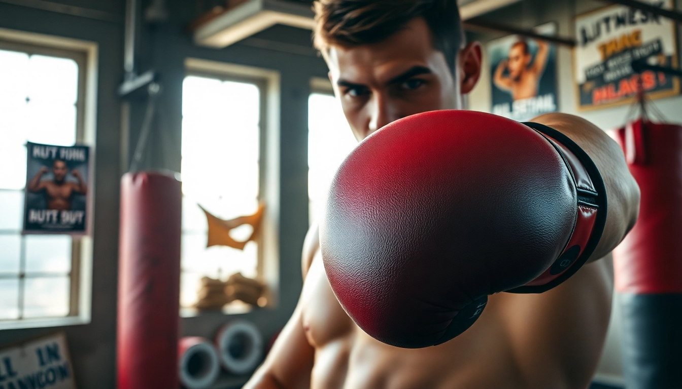MMA gloves on a fighter's hands during intense training session in a gym.