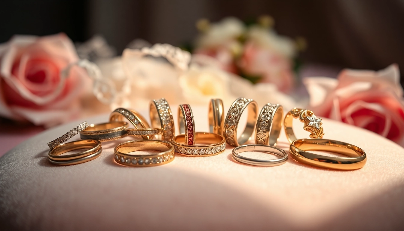 Beautiful wedding bands showcasing different styles and metals on a soft surface, perfect for engagement.