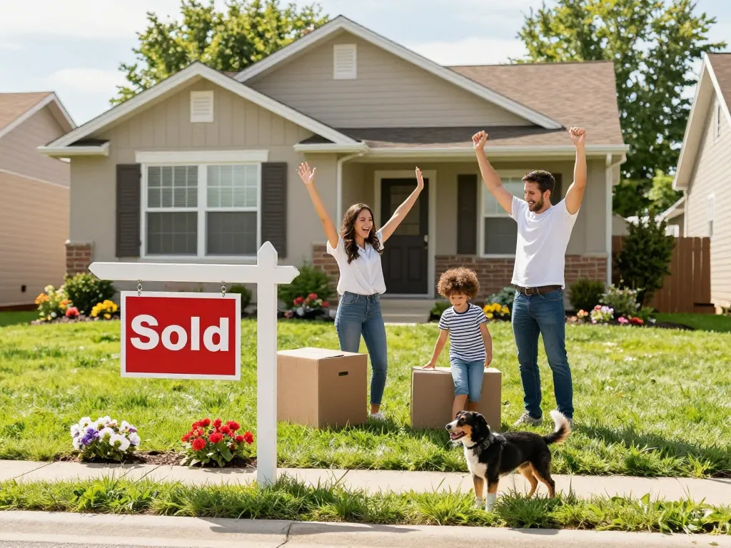 Sell my house fast for cash with a happy family celebrating in front of their new home.