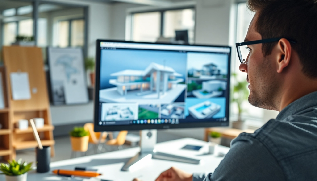 3D Visualisierung erstellen mit Designer in modernem Büro, innovative Architekturvisualisierungen