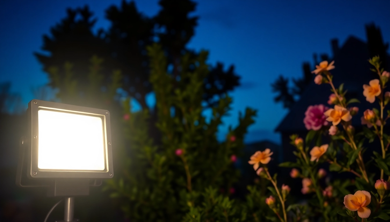 Verlichting met led breedstraler die een tuin verlicht met heldere schittering en moderne uitstraling.