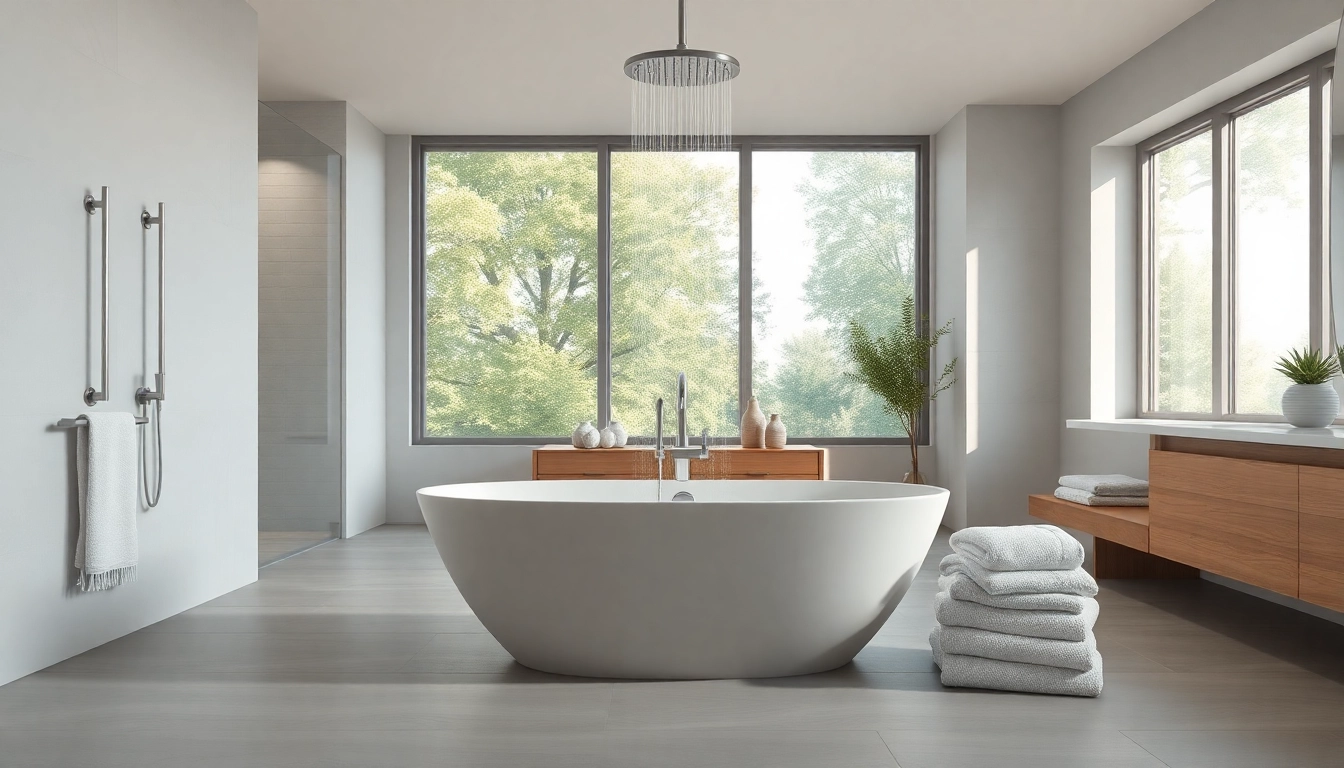 Experience elegant showers Australia with a modern bathroom featuring a freestanding bathtub.