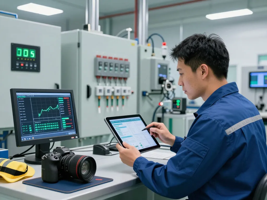 Technician from Schneider Electric analyzing data in a modern industrial environment for energy management.