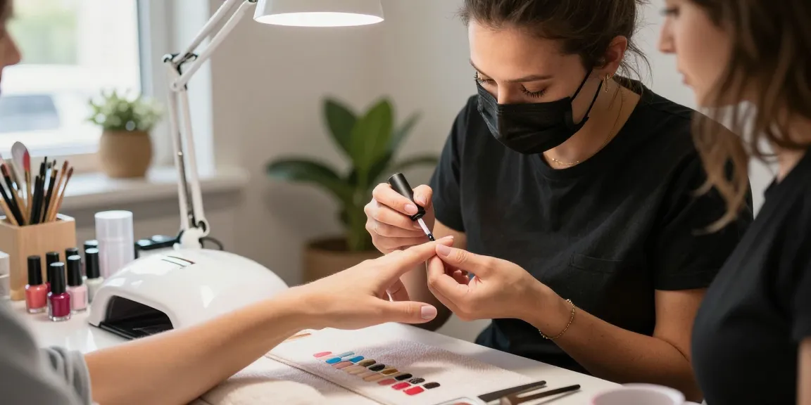 Aplicarea bazei și a top coat-ului unghiilor într-un salon stylish cu culori vibrante de ojă.