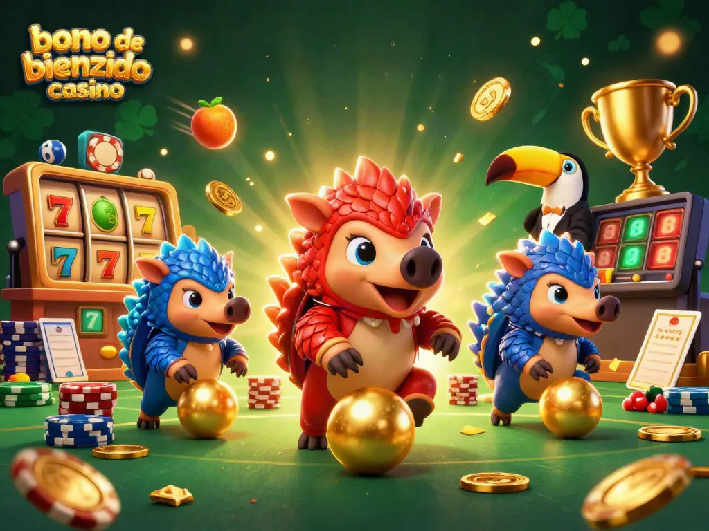 Celebrando en un casino con el bono de bienvenida casino, dos pangolines lanzando fichas y confeti dorado.