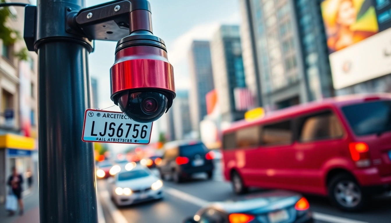 License plate recognition camera capturing vehicles in a busy city setting.