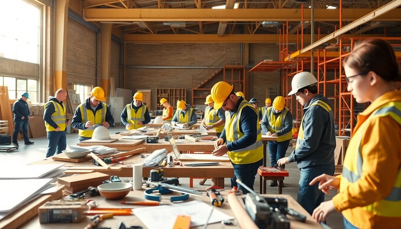 Engaged participants in construction craft training using tools and materials in a collaborative workshop.