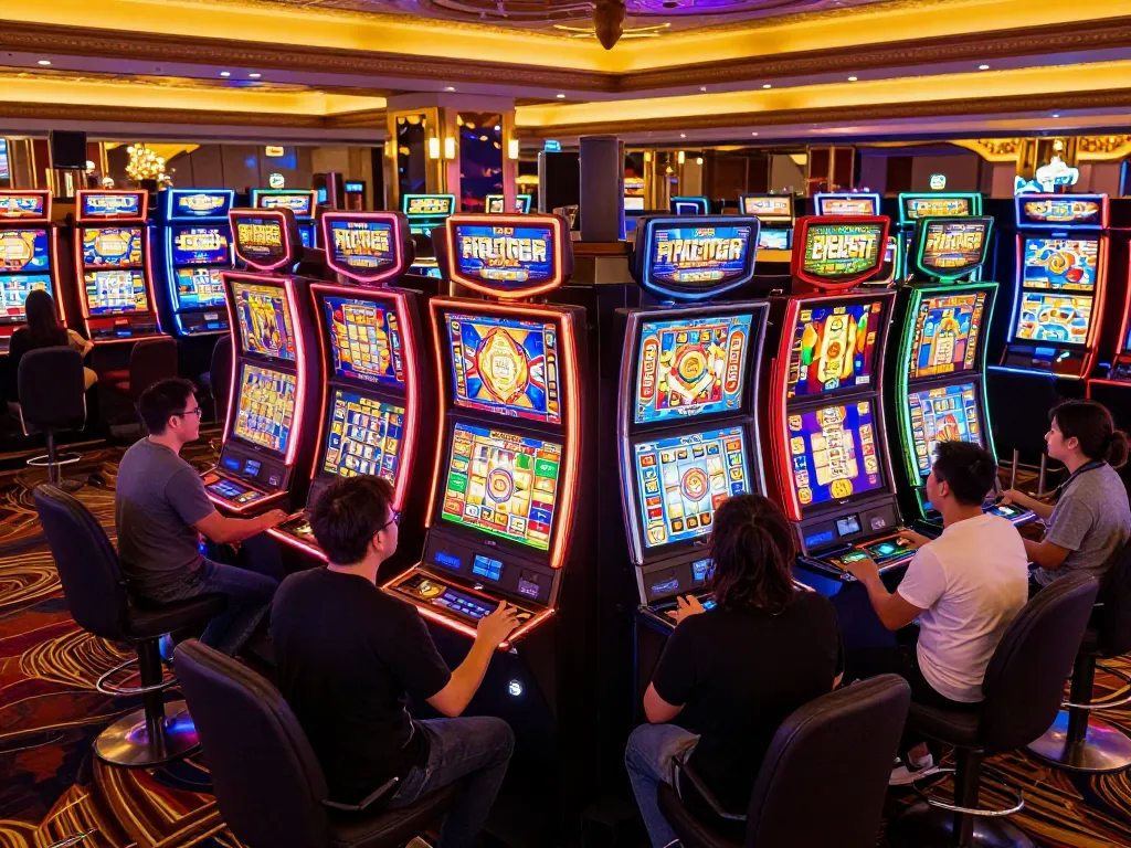 Players engaging with slot machines in a vibrant casino setting, showcasing the excitement of slot gameplay.