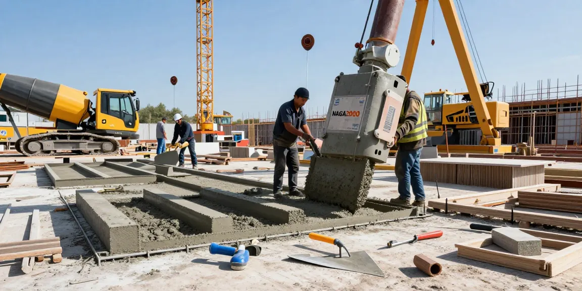 NAGA2000 concrete product being poured on a construction site with skilled workers and machinery.