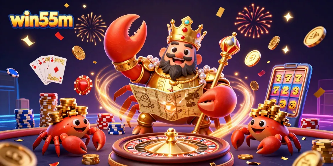 Experience the excitement at win55m with a vibrant 3D casino scene featuring a golden crab emperor and treasures.