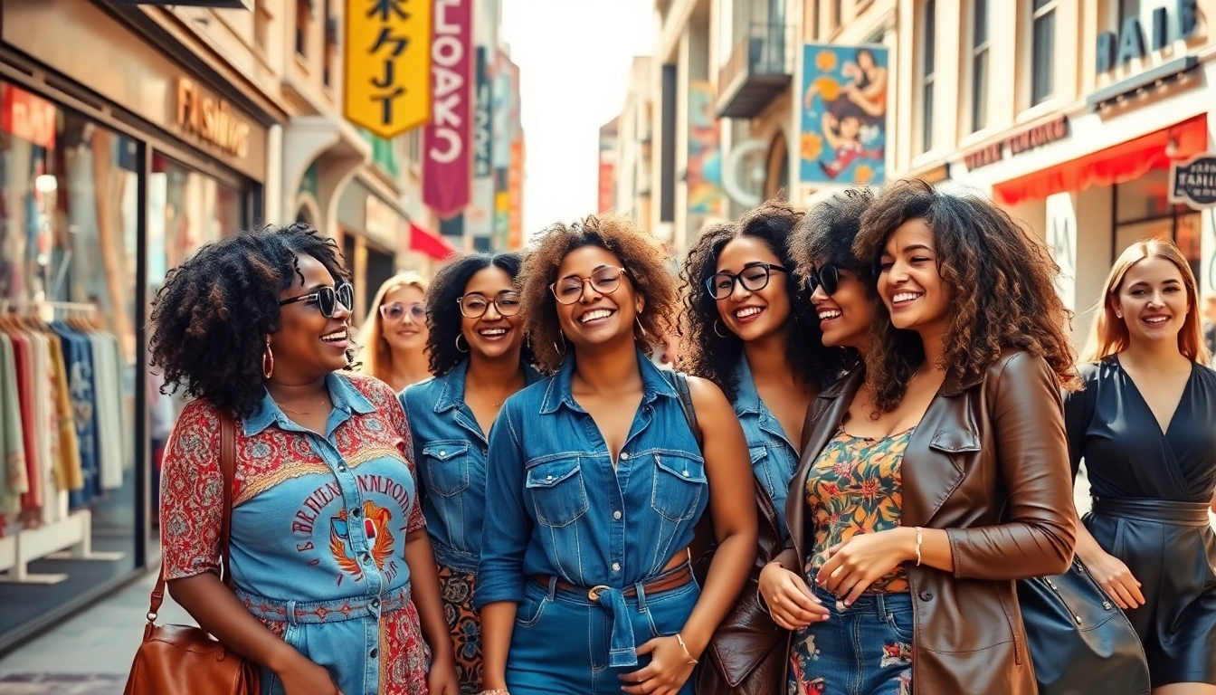Women wearing expressive Fashion outfits in a bustling urban setting.