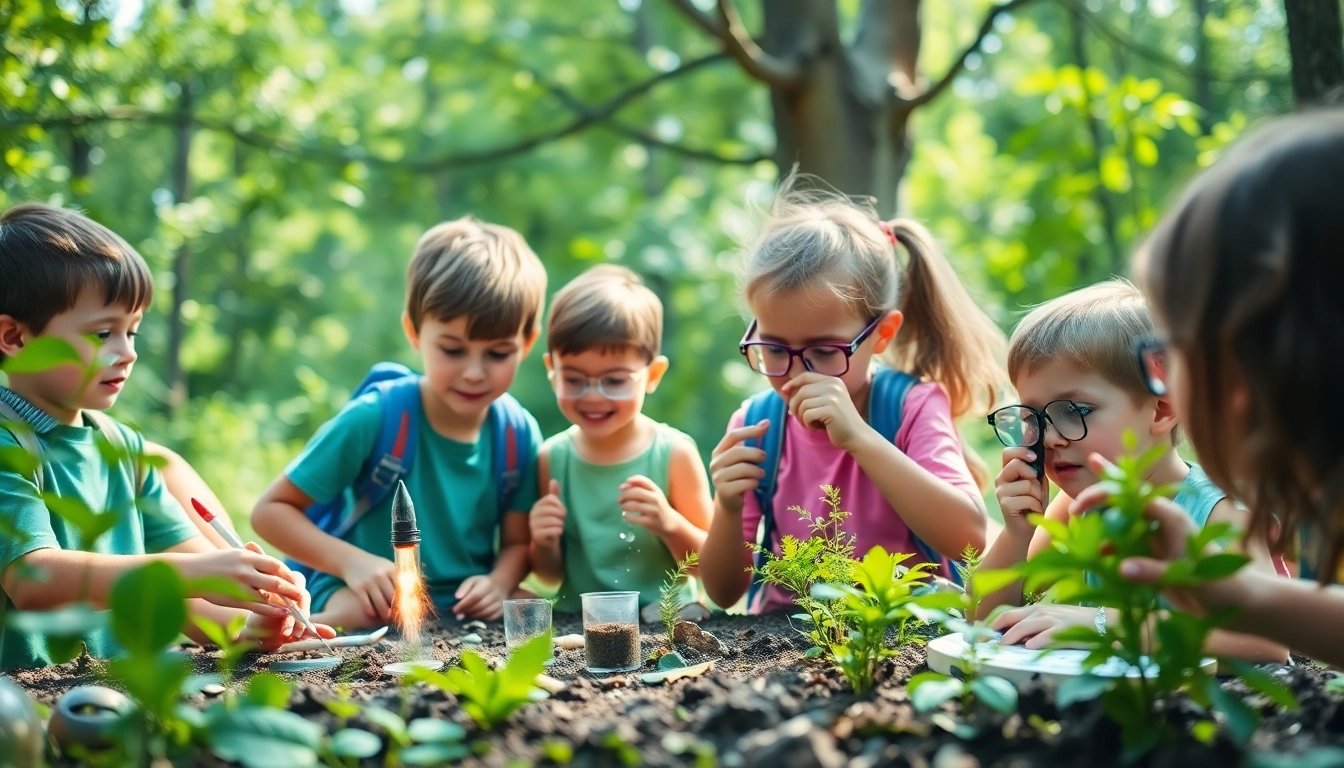 Children participating in a science and nature camp, engaging in outdoor experiments and exploration.