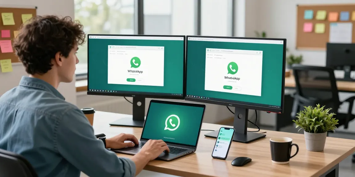 A developer using WhatsApp網頁版 at a modern desk with dual monitors and a laptop, highlighting a tech-focused workspace.