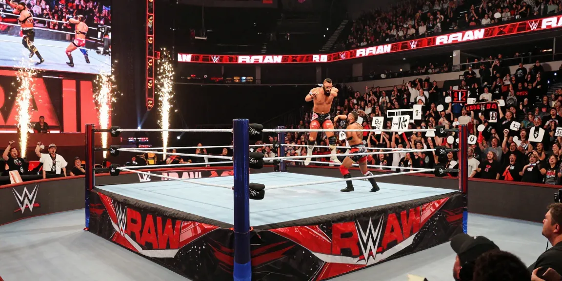 Live WWE Raw event with fans cheering passionately as wrestlers engage in a thrilling match.