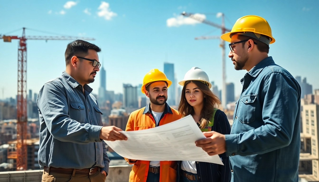 New York City General Contractor team engaged in construction discussions with a vibrant skyline.