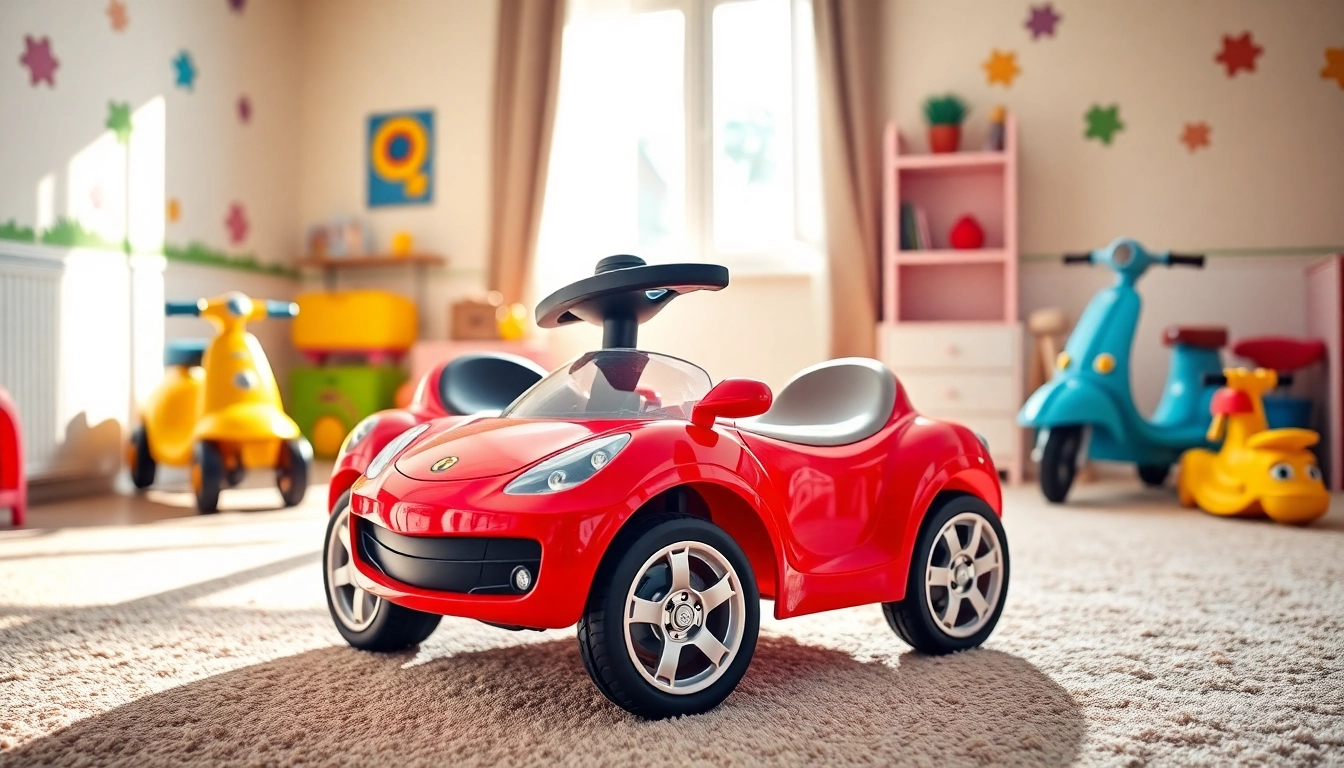 Excited children playing with vibrant ride on toys in a bright playroom setting.