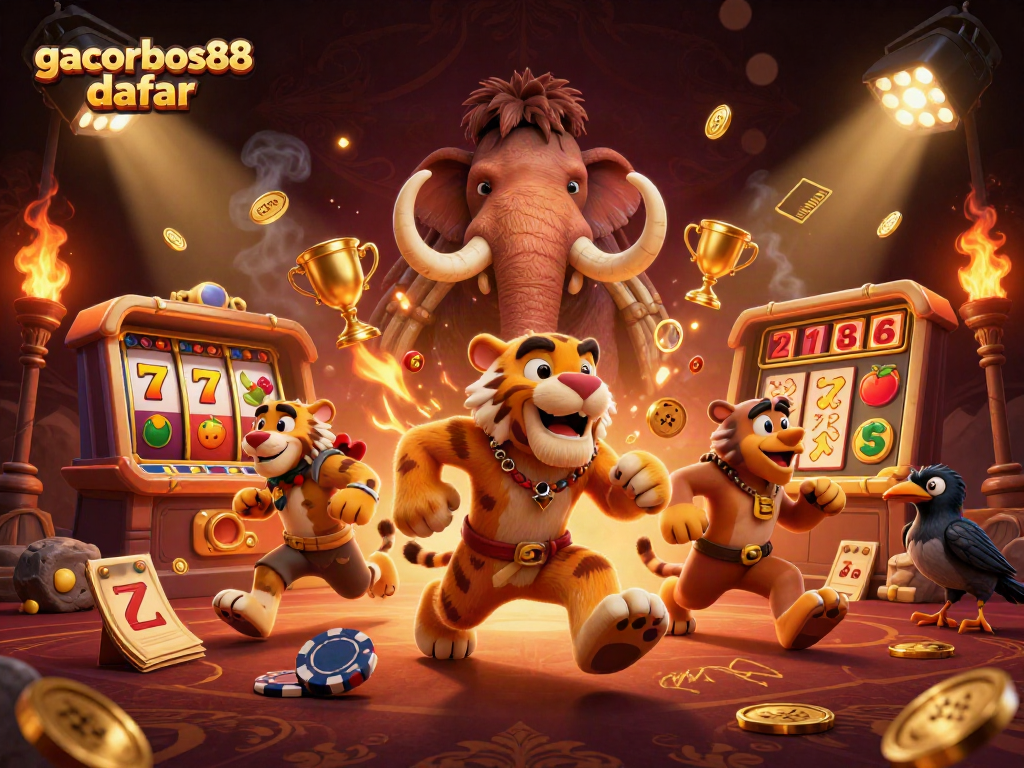 Join the excitement at gacorbos88 daftar with 3D caveman and tiger in a thrilling casino setting.