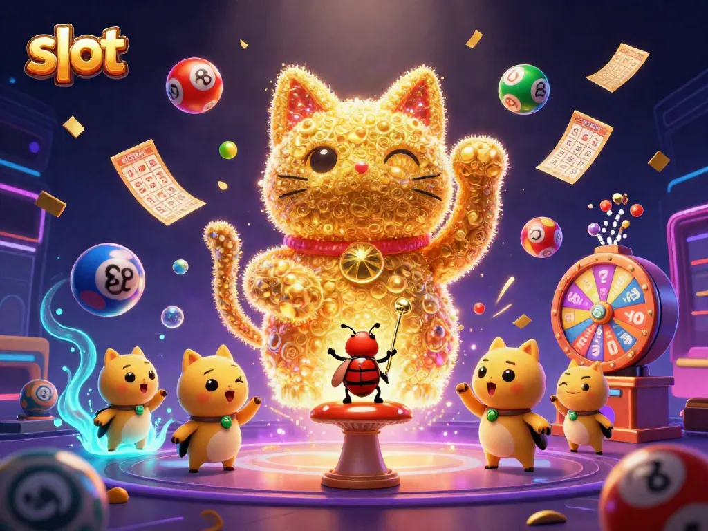 Engage in thrilling slot games with a vibrant scene featuring lucky symbols, lottery balls, and excitement.
