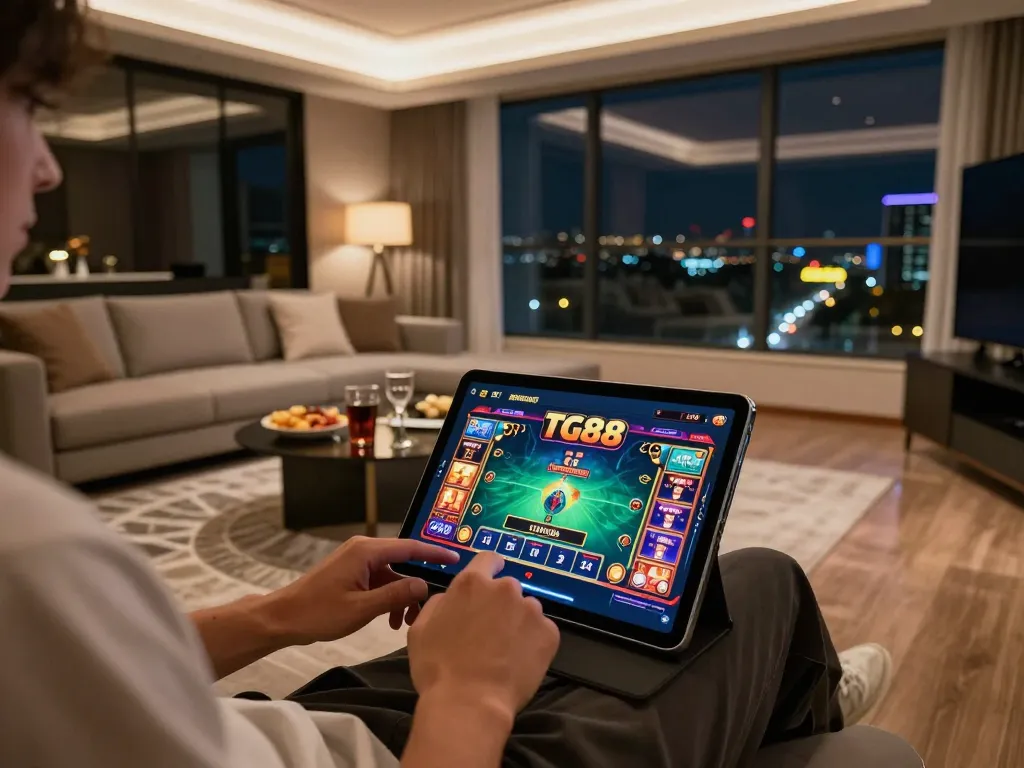 TG88 mobile gaming experience with a user engaged in casino app gameplay on a stylish tablet in a cozy living room.