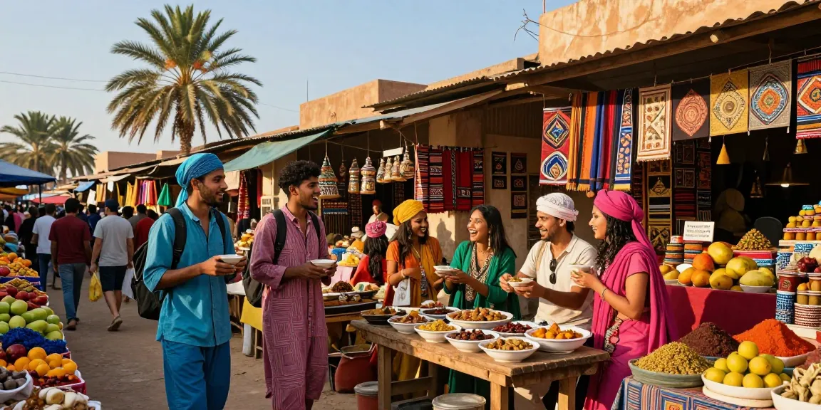 Friends enjoying rokok88 street food adventure in a lively market scene.
