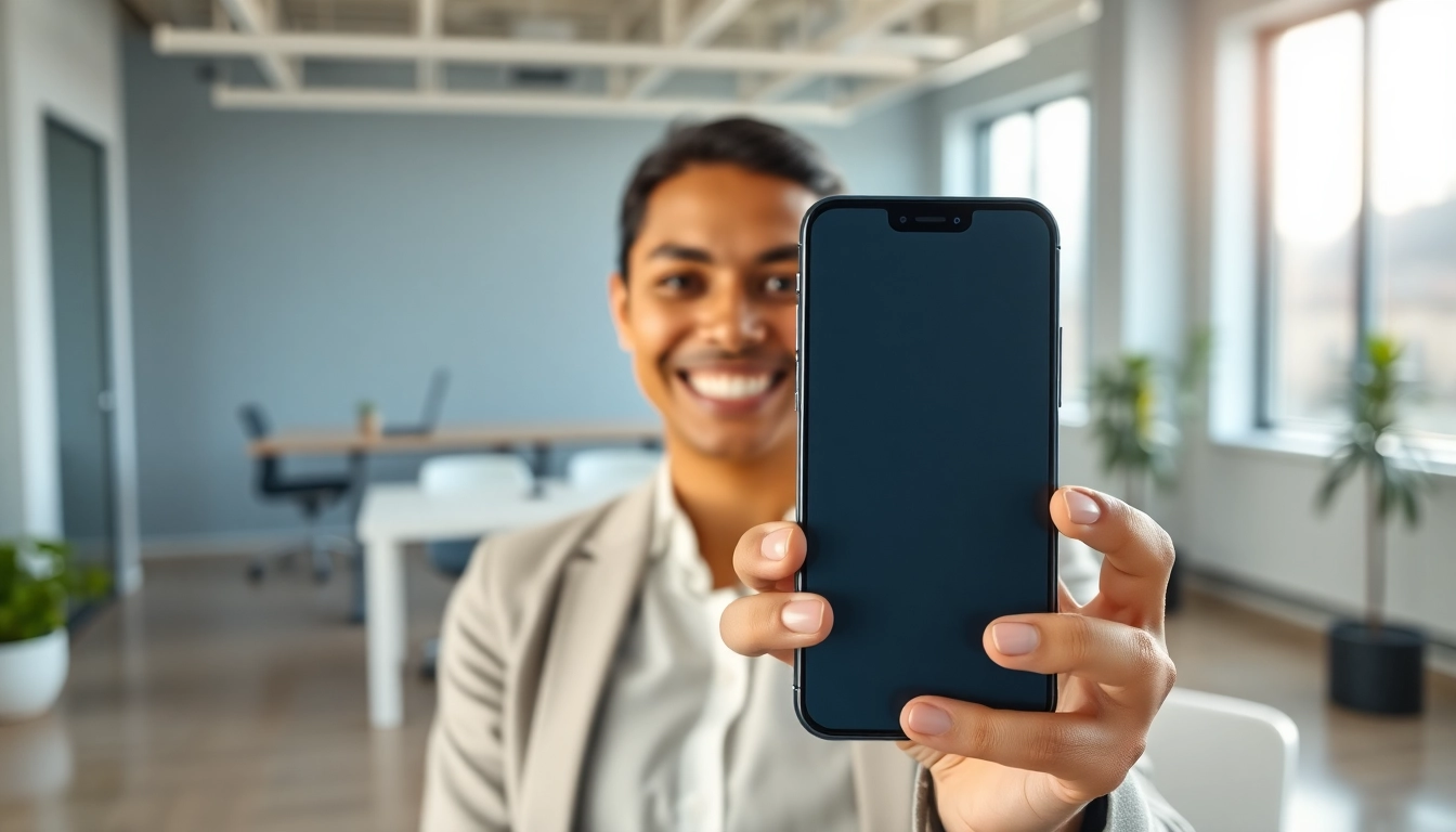 Sell phone for instant cash with a joyful person in a modern office.