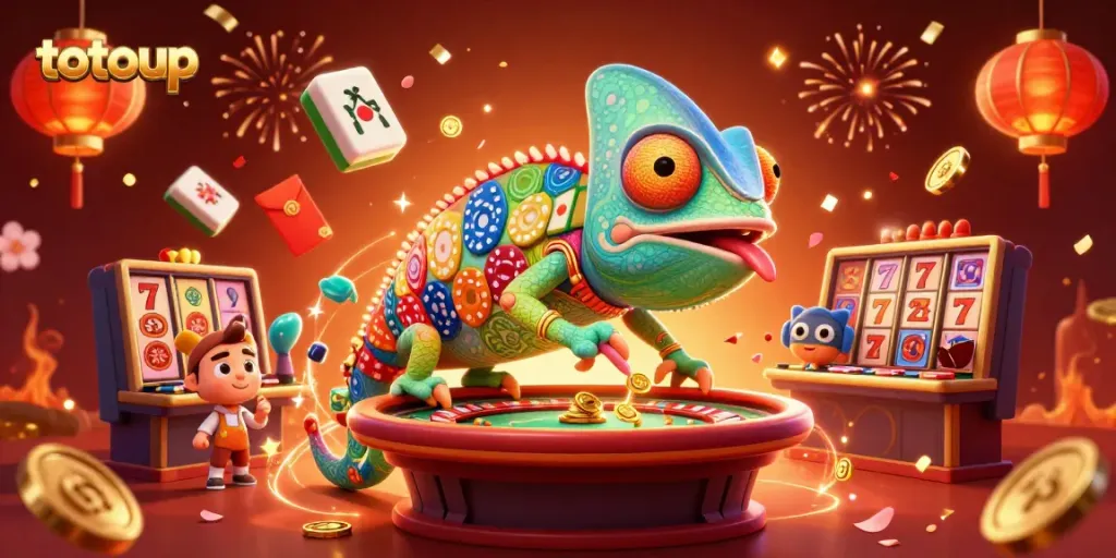 Experience the excitement of totoup with a vibrant casino scene featuring a colorful chameleon, celebrating with confetti and lucky symbols.